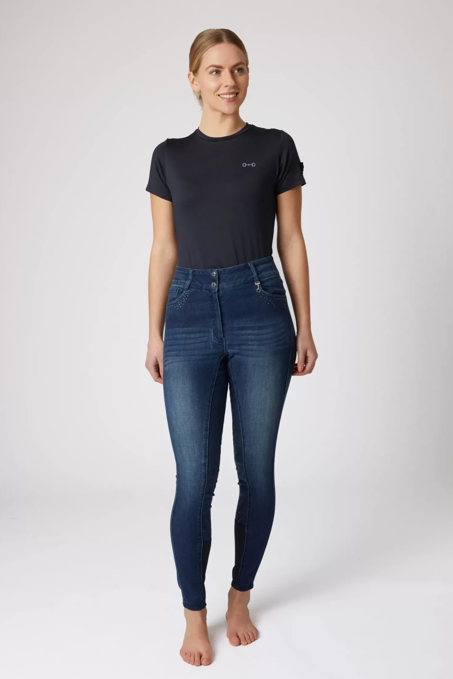 * Kaia Denim Kokopaikkaiset Ratsastushousut Silikonipainatuksilla Ja Kristallisomisteilla